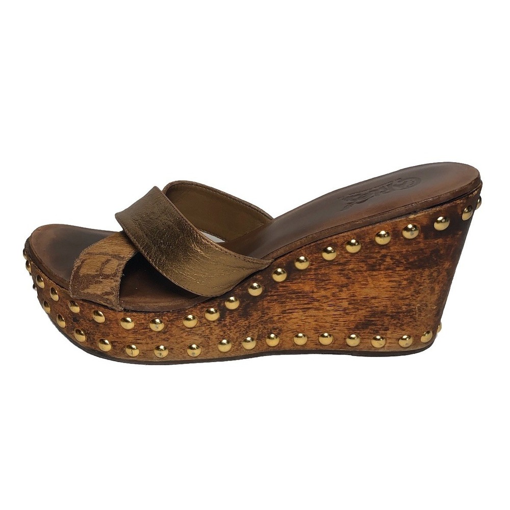 Vtg Y2K Carlos by Carlos Santana Studded Wooden Platform Clog‎ Sandals Brazil 10